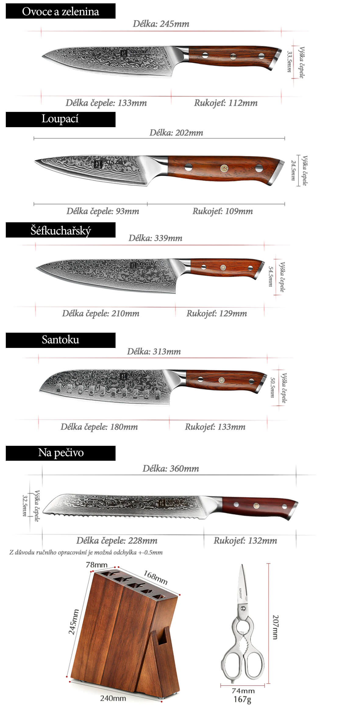 Sada nožů XinZuo Yu B13R se stojánkem a nůžkami - rozměry nožů